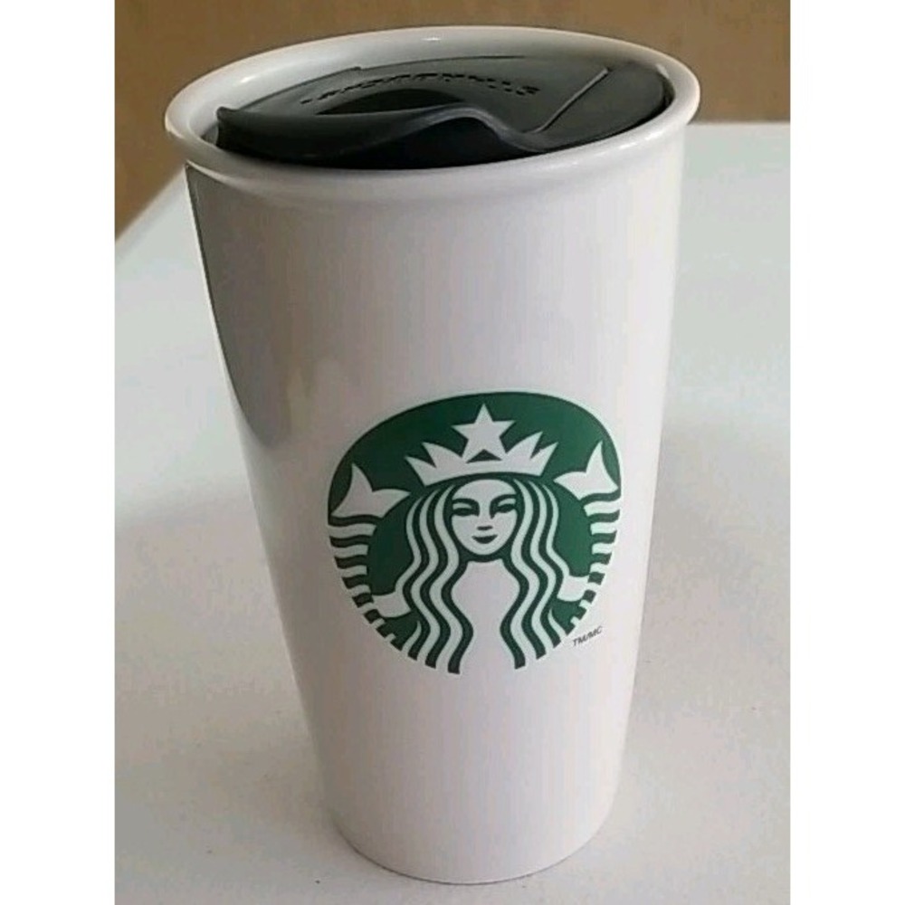 Starbucks Tumbler Siren Mermaid White Ceramic Travel Coffee Mug With Lid 12 Oz